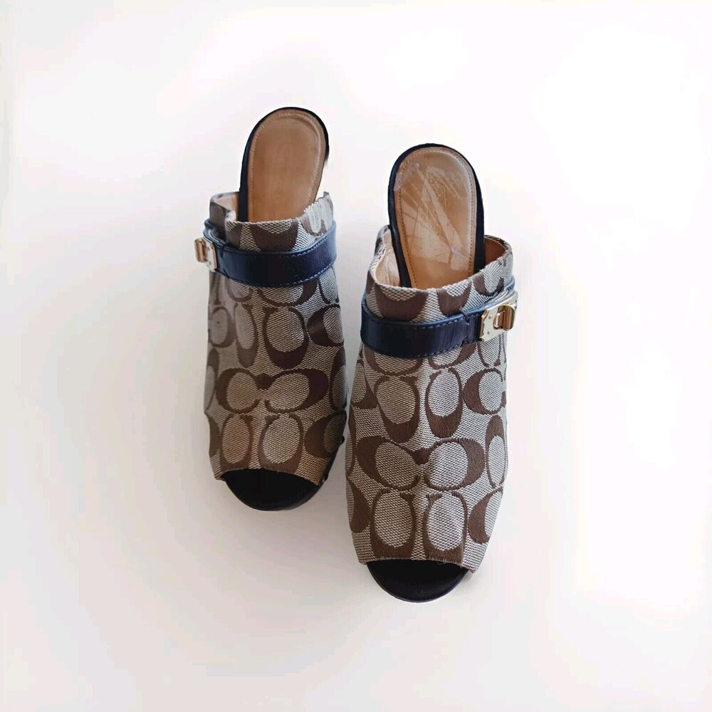 Coach Women's Signature Wooden High Heels Peep Toes Brown Size 8B